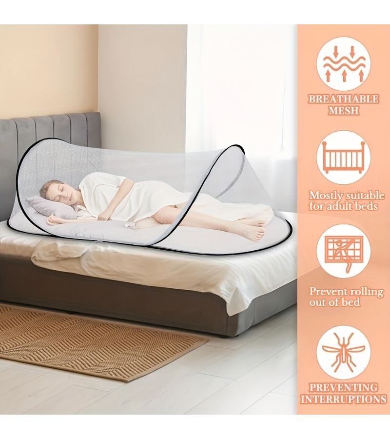 White Pop Up Mosquito Net Bed Lightweight Foldable Portable Camping Tent With Zippered Entrance And Windows Easy Quick Setup For Travel Outdoors Spring Outings - Image 2
