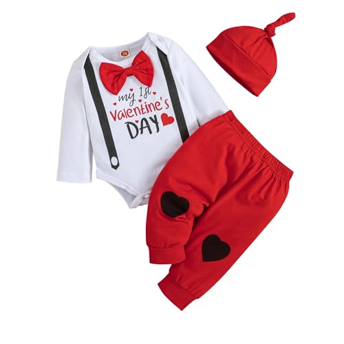 ODIMAME My 1St Valentines Baby Boy Outfits 12-18 Months Infant Romper Clothes Pants Set Cute Hat Red 100cm - Image 1