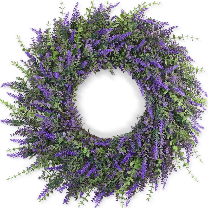 26 Large Eucalyptus and Lavender Wreath for Front Door Porch Window Artificial Eucalyptus Leaves with Lavender Wreath for Home Farmhouse Wall Decor Spring Summer Fall All Seasons Purple