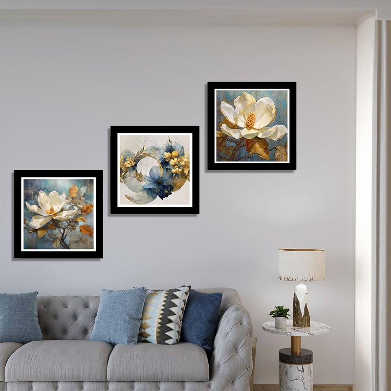 DEKORSTATION Set of 3 Golden Floral Theme Black Frame Art Print for Wall DecorationFlower Painting for Living RoomHome and Office Dcor