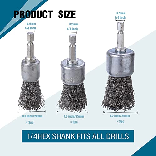 WENORA 9 Pcs Wire Brush Wheel for Drill, Wire Brush for Drill 1-Inch Crimped End Wire Brushes 1/4" Hex Shank for Paint-Surface and Small Spaces - Image 2