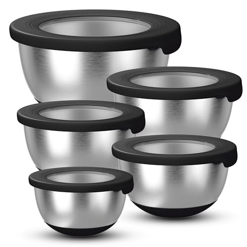 KITEISCAT Stainless Steel Mixing Bowls with Lids – Set of 5 Large Nesting Metal Bowls for Kitchen, Baking, Cooking, Food Prep & Storage, Non-Slip Base, Dishwasher Safe,Black - Image 1