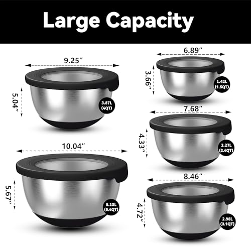 KITEISCAT Stainless Steel Mixing Bowls with Lids – Set of 5 Large Nesting Metal Bowls for Kitchen, Baking, Cooking, Food Prep & Storage, Non-Slip Base, Dishwasher Safe,Black - Image 2