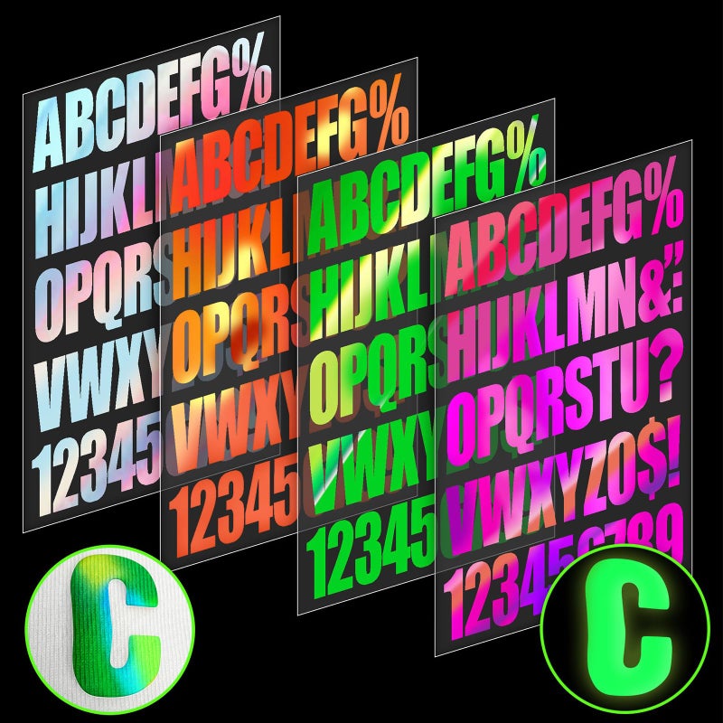 Cysincos 4 Color Glow in The Dark Iron on Vinyl Letters Pattern Iron on Stickers for Clothing Pillow Backpack DIY Craft Supplies