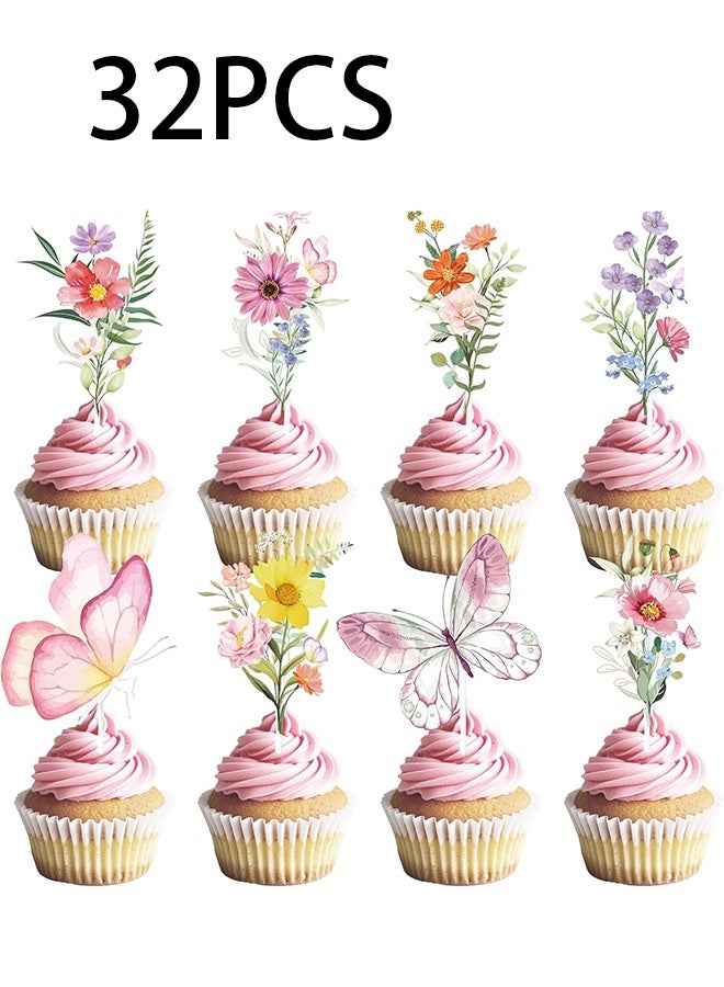 Wildflower Birthday Party Decorations - 32PCS Butterfly and Flower Baby Shower Cupcake Toppers Floral Baby in Bloom Cupcake Picks Decoration for Girls Women - Image 1