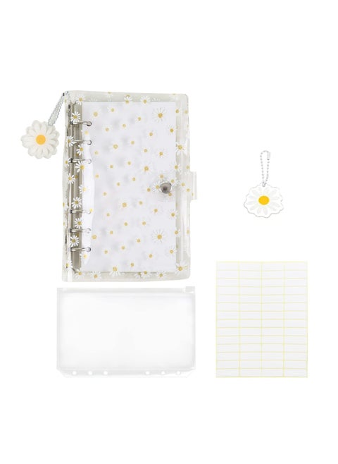 A6 PVC Budget Binder with 45 Blank Inner Pages, KASTWAVE Round Ring Notebook Cover, Includes 1 Zipper Pocket for Cards and Cash, Perfect for Money Saving with Daisy Pendant.