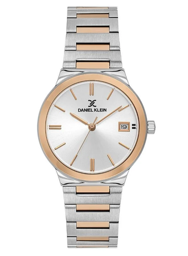 Daniel Klein Women's Stainless Steel Silver and Rose Gold Alloy Case Analog Silver Round Sunray Dial Japanese Quartz Premium 30 Meters Water Resistant