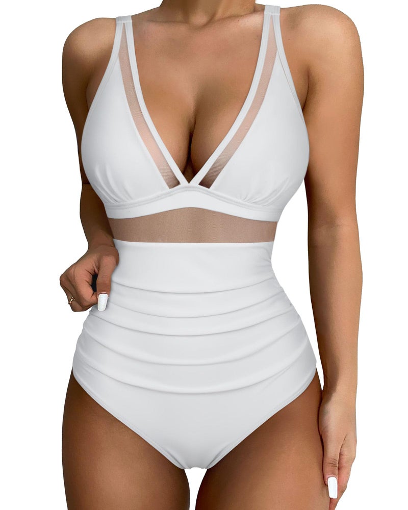 SUUKSESS Women Slimming Tummy Control One Piece Swimsuits Sexy Mesh High Waisted Monokini Bathing Suits (White, L) - Image 1