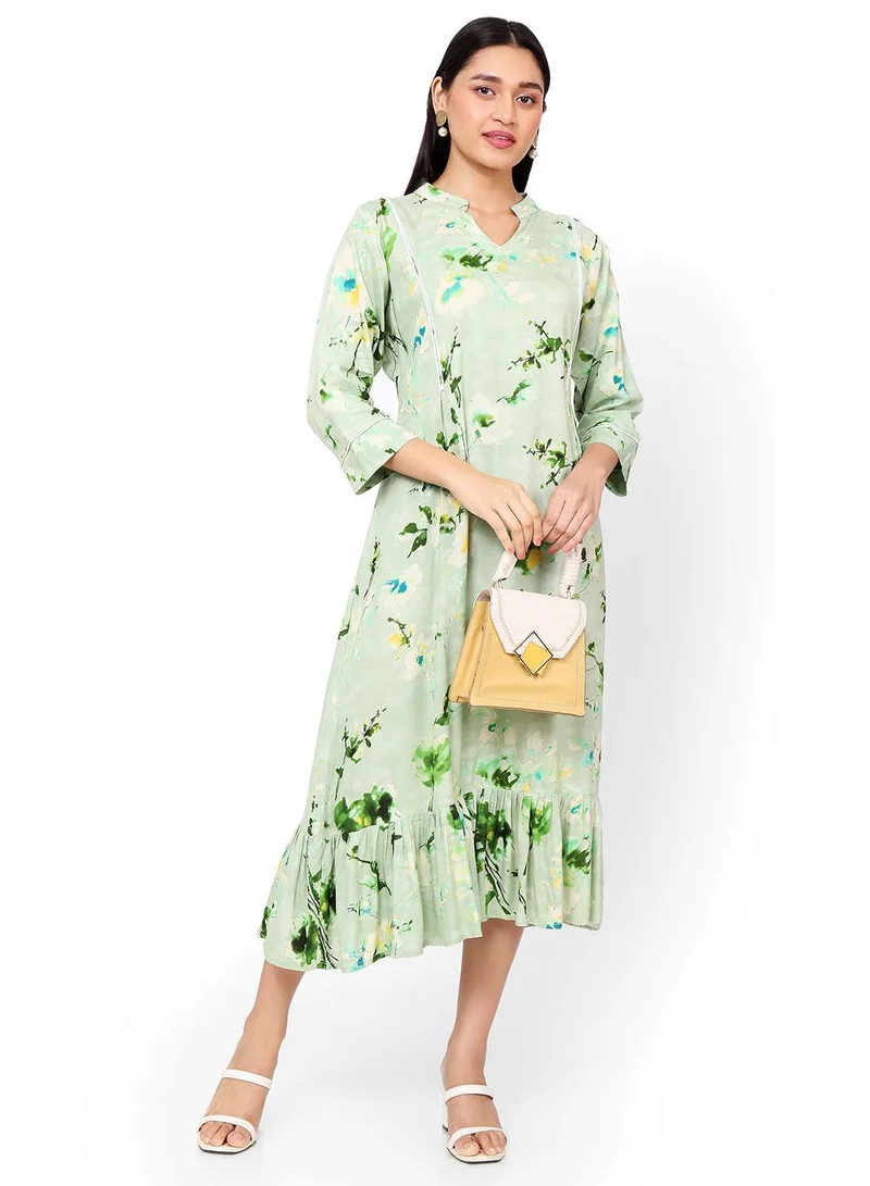 هانا آند سارا SHORT FLORAL PRINT SEMI COLLARED LIGHT GREEN COLOUR ARABIC KAFTAN JALABIYA DRESS