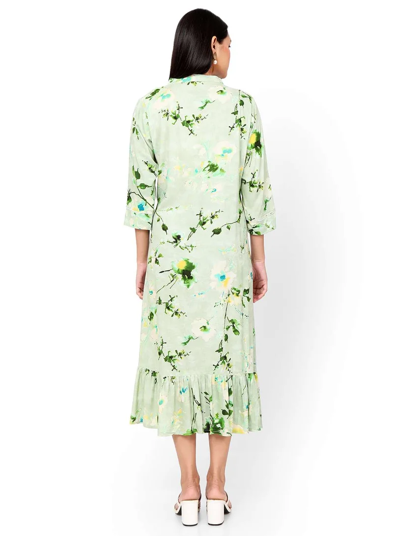هانا آند سارا SHORT FLORAL PRINT SEMI COLLARED LIGHT GREEN COLOUR ARABIC KAFTAN JALABIYA DRESS