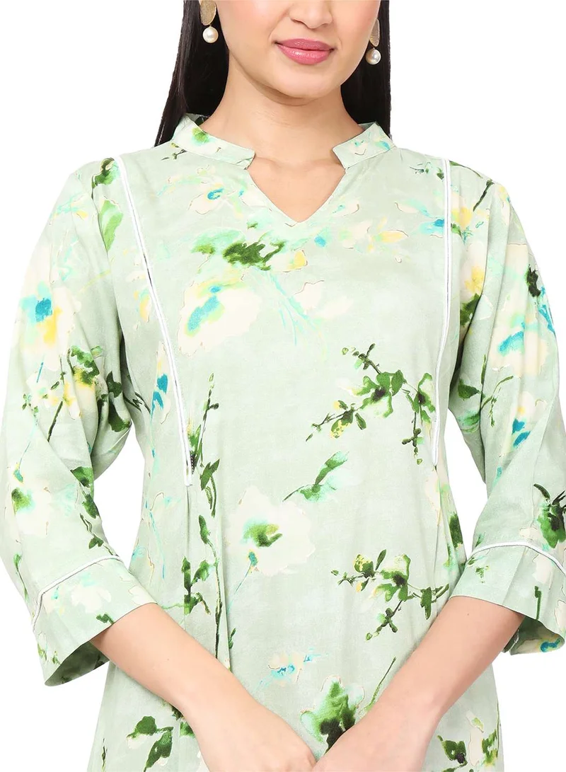 هانا آند سارا SHORT FLORAL PRINT SEMI COLLARED LIGHT GREEN COLOUR ARABIC KAFTAN JALABIYA DRESS
