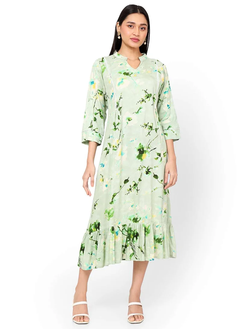 هانا آند سارا SHORT FLORAL PRINT SEMI COLLARED LIGHT GREEN COLOUR ARABIC KAFTAN JALABIYA DRESS