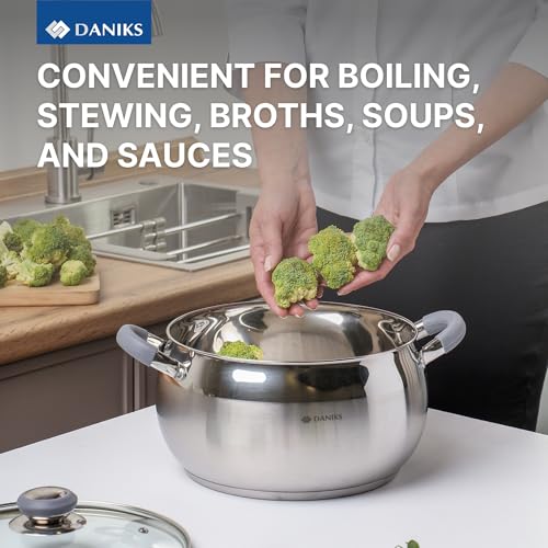 Daniks Modern Stainless Steel Stock Pot with Glass Lid – Induction 4 Quart, Dishwasher Safe, Heatproof Handles, For Soup, Pasta, Stew, Silver - Image 5