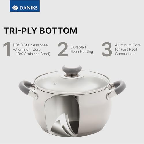 Daniks Modern Stainless Steel Stock Pot with Glass Lid – Induction 4 Quart, Dishwasher Safe, Heatproof Handles, For Soup, Pasta, Stew, Silver - Image 3