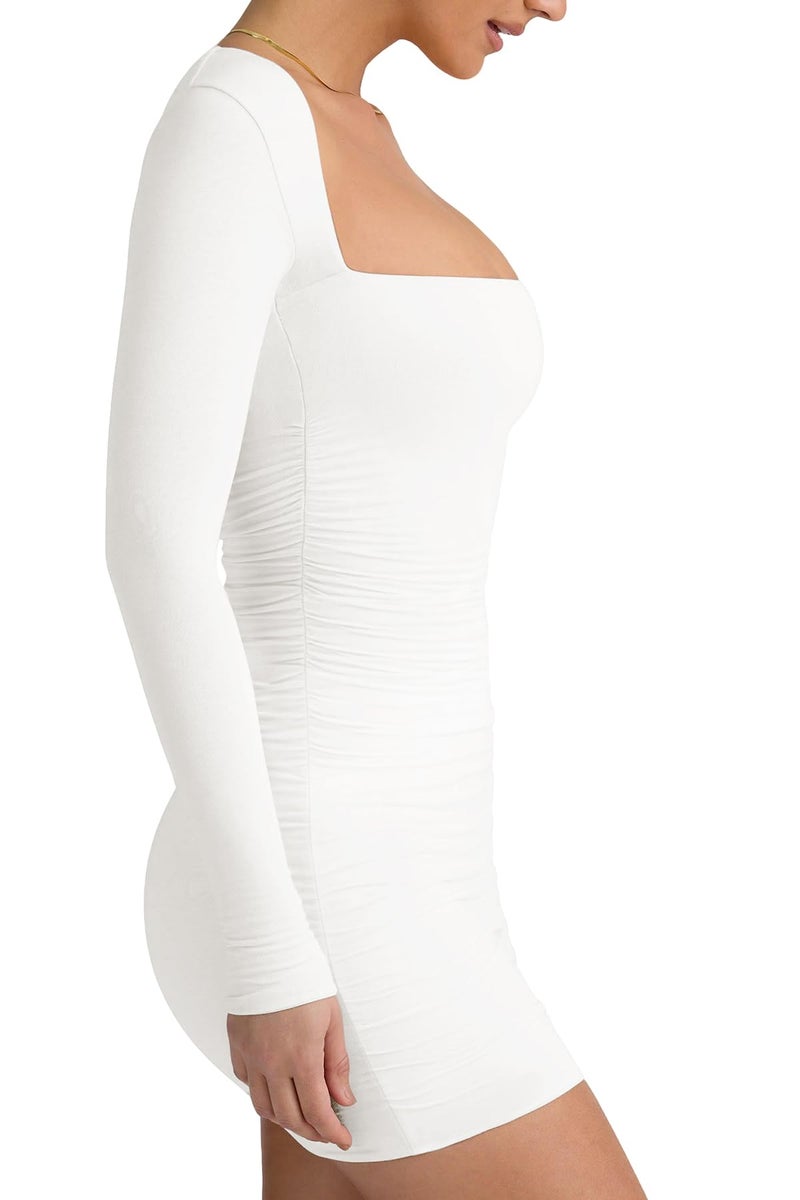 LCNBA Women's Long Sleeve Square Neck Ruched Bodycon Mini Dress White Medium - Image 2