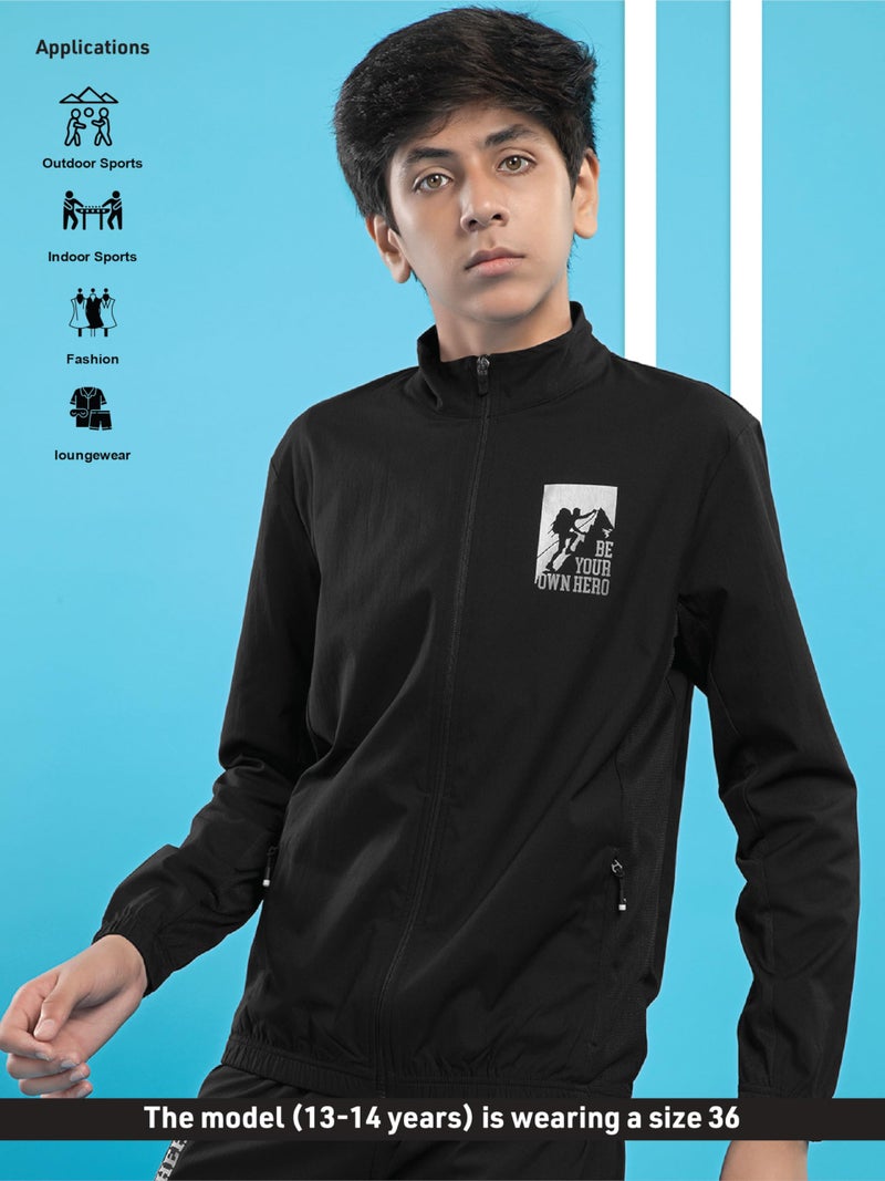 TECHNOSPORT Boy's Slim Fit Graphic Print Zipper Jacket With SPF50+, Quick Dry for Regular Use - (BJB164BLK_Black_7-8 years) - Image 5