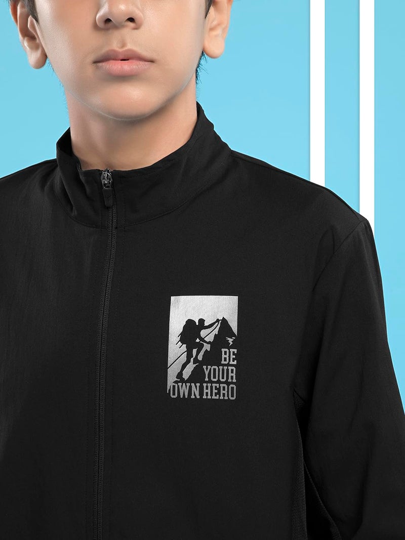 TECHNOSPORT Boy's Slim Fit Graphic Print Zipper Jacket With SPF50+, Quick Dry for Regular Use - (BJB164BLK_Black_7-8 years) - Image 3