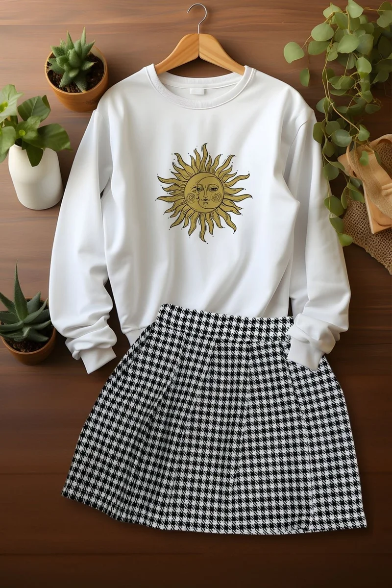 Ada Bebek Çocuk Ada Baby Child Style Plaid Skirt Charm Patterned Sweat Skirt Top and Bottom Set