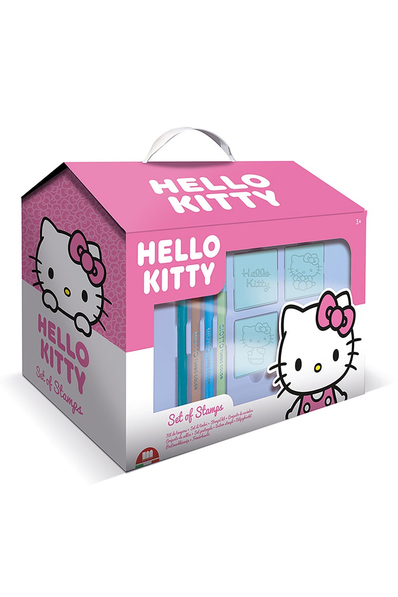 Multiprint Hello Kitty Little House Set – 7 Wooden Stamps, Blue Washable Ink Pad, 7 Colored Markers, Drawing Book, Badges & Cardboard Characters – 100% Made in Italy - Image 1
