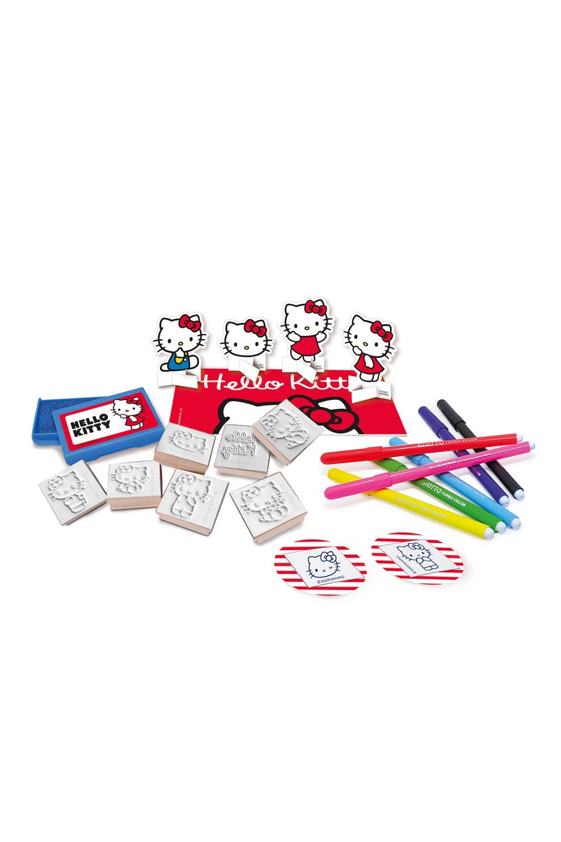 Multiprint Hello Kitty Little House Set – 7 Wooden Stamps, Blue Washable Ink Pad, 7 Colored Markers, Drawing Book, Badges & Cardboard Characters – 100% Made in Italy - Image 5