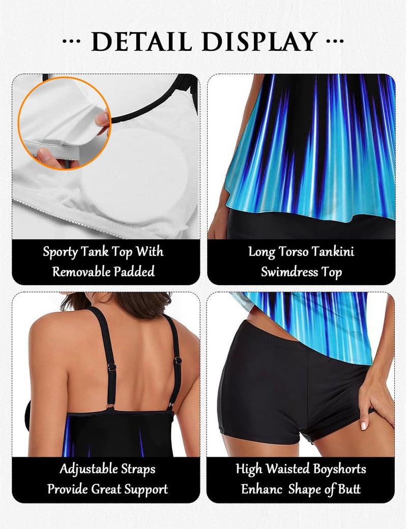 Urchics Stylish Swim Suits for Women Slimming Tankini Set Adjustable Straps 2 Piece Swimwear Tropical Hawaii Beach Pool Party Photoshoot Flattering Hides Belly Perfect for Vacation Gradient Blue XL - Image 4