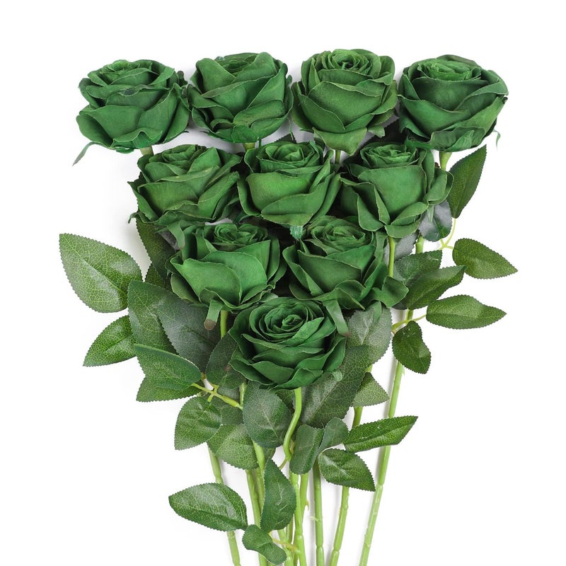 JUSTOYOU 10Pcs Artificial Roses Flowers Realistic Blossom Roses Real Touch Silk Rose Single Fake Flower Long Stem Bouquets for Home Wedding Party Decoration 10Pcs Green