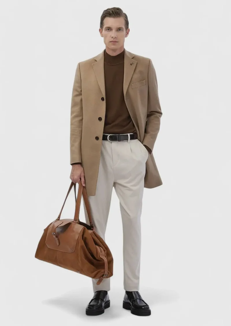 RAMSEY Buff Regular Fit Butterfly Collar Classical Weaving Overcoat