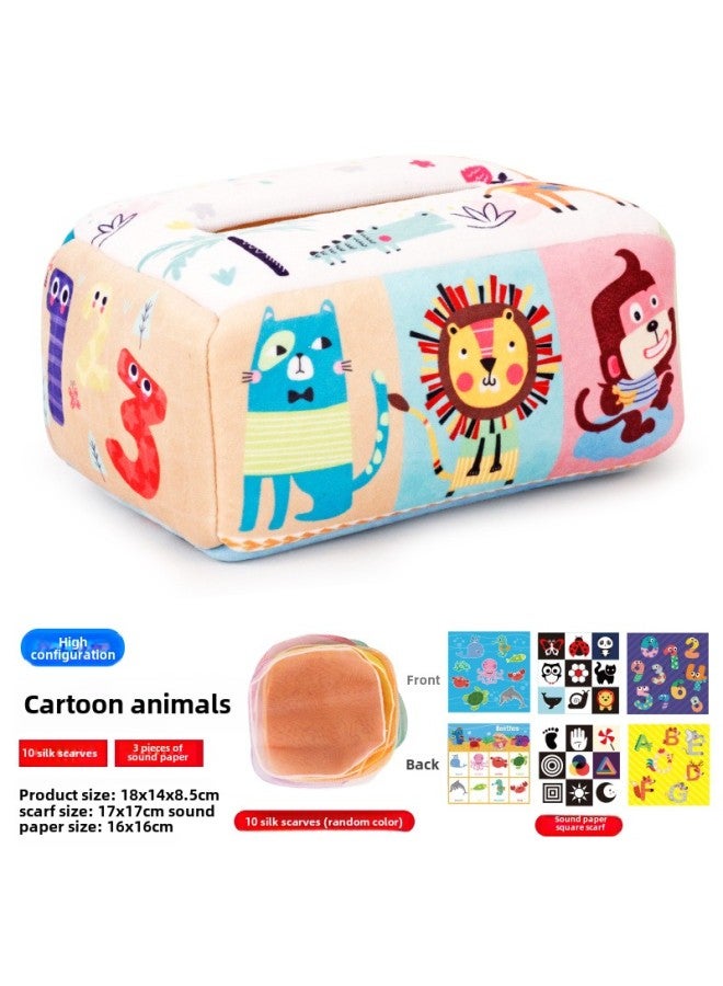 Baby Early Education Cloth Book Tissue Box Ring Paper Square Towel Cognitive Animal English Tear Not To Rip Children's Tissue Toy-Color:950-5 High With Cartoon Animal Tissue Box 10 Silk Scarf Random Color +3 Square Towel 81.4G  - Image 1