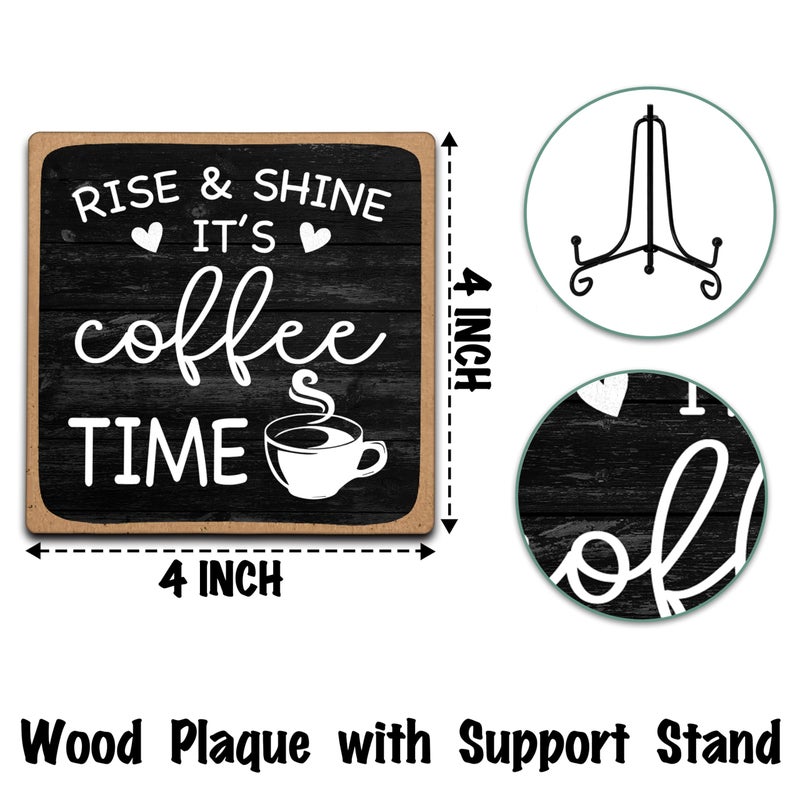 YQV Farmhouse Coffee Bar Sign  Rise & Shine It's Coffee Time  4""x4"" Wood Plaque with Stand Gift for Home Kitchen Tabletop Decor -B09 - Image 3