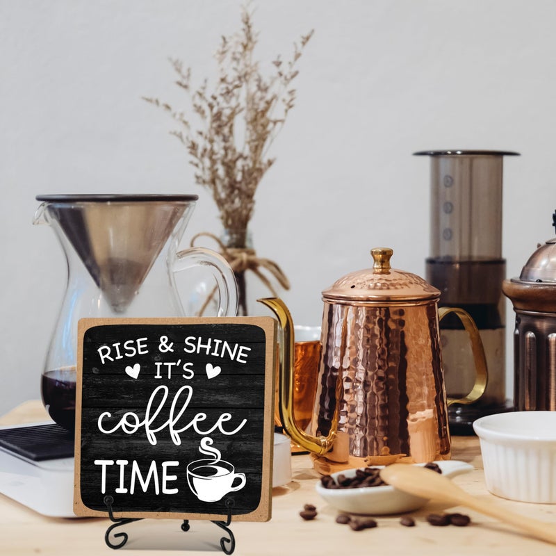 YQV Farmhouse Coffee Bar Sign  Rise & Shine It's Coffee Time  4""x4"" Wood Plaque with Stand Gift for Home Kitchen Tabletop Decor -B09 - Image 4