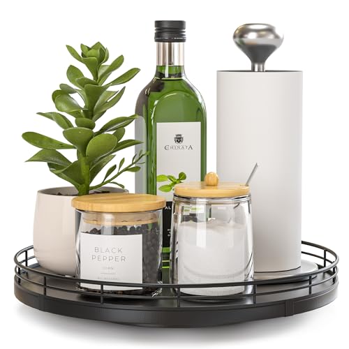 Oroyutor 10" Oak Wood Lazy Susan Turntable Organizer, Lazy Susan for Cabinet Dining Table Pantry Kitchen Countertop Spice Bathroom Vanity Tray for Counter Dresser Sink Soap Holder Coffee Table Bar Decor Black - Image 1