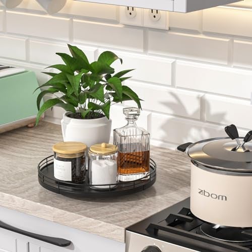 Oroyutor 10" Oak Wood Lazy Susan Turntable Organizer, Lazy Susan for Cabinet Dining Table Pantry Kitchen Countertop Spice Bathroom Vanity Tray for Counter Dresser Sink Soap Holder Coffee Table Bar Decor Black - Image 2