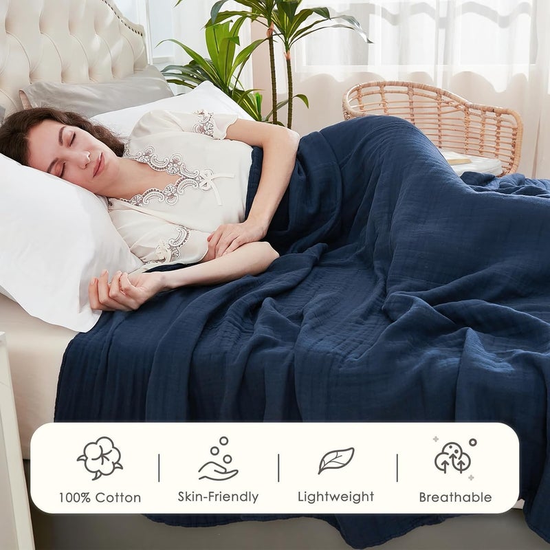 EMME Muslin Blanket Adult 100% Cotton, 60 x 80 Inch Navy Blue Summer Throw Blankets for Couch, Breathable Gauze Blanket All Seasons, Soft and Easily Pre-Washed Cotton Blanket - Image 2