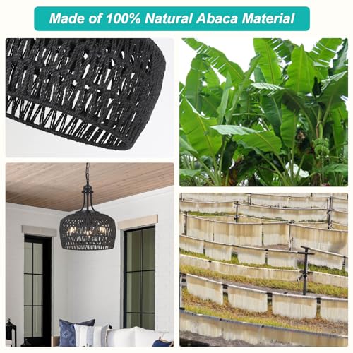 HMVPL Black Rattan Chandelier for Dining Room, 3-Light Boho Light Fixture with Woven Lampshade, Wicker Pendant Light Ceiling Hanging, Farmhouse Kitchen Chandelier for Bedroom Living Room Entryway - Image 2
