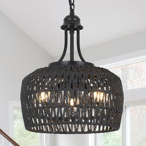 HMVPL Black Rattan Chandelier for Dining Room, 3-Light Boho Light Fixture with Woven Lampshade, Wicker Pendant Light Ceiling Hanging, Farmhouse Kitchen Chandelier for Bedroom Living Room Entryway - Image 1