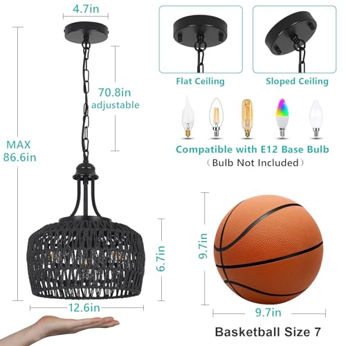HMVPL Black Rattan Chandelier for Dining Room, 3-Light Boho Light Fixture with Woven Lampshade, Wicker Pendant Light Ceiling Hanging, Farmhouse Kitchen Chandelier for Bedroom Living Room Entryway - Image 3