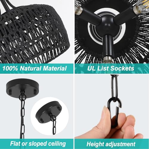HMVPL Black Rattan Chandelier for Dining Room, 3-Light Boho Light Fixture with Woven Lampshade, Wicker Pendant Light Ceiling Hanging, Farmhouse Kitchen Chandelier for Bedroom Living Room Entryway - Image 4
