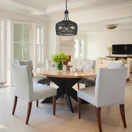 HMVPL Black Rattan Chandelier for Dining Room, 3-Light Boho Light Fixture with Woven Lampshade, Wicker Pendant Light Ceiling Hanging, Farmhouse Kitchen Chandelier for Bedroom Living Room Entryway - Image 5