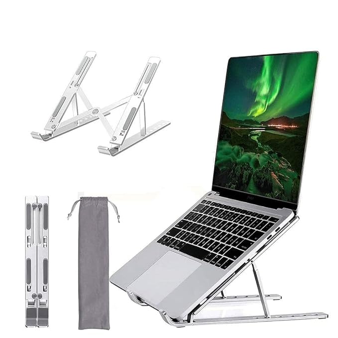 Tirth shop Tirth shop Adjustable Aluminum Laptop Stand Foldable Ventilated Portable Stand for Desk Tabletop Compatible for 1315 inch Laptops Comes with Carry Pouch Silver  - Image 1