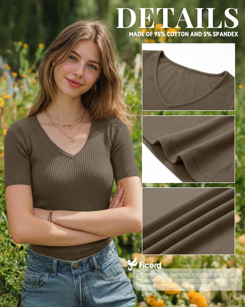 Ficerd 3 Pack Women's Short Sleeve Cotton T-Shirts V Neck Ribbed Slim Fit Tops Ladies' Casual Summer Basic Tee(Black, Light Haze Blue, Olive Khaki,Large) - Image 5