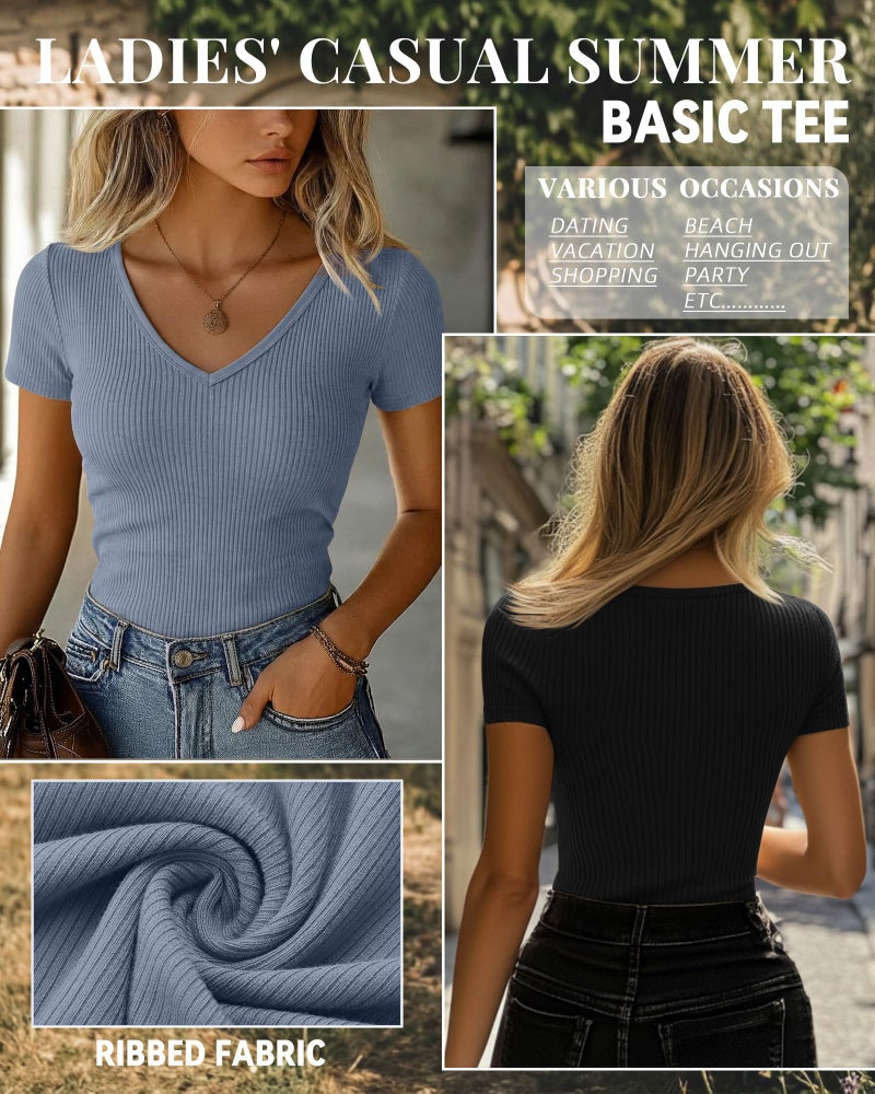 Ficerd 3 Pack Women's Short Sleeve Cotton T-Shirts V Neck Ribbed Slim Fit Tops Ladies' Casual Summer Basic Tee(Black, Light Haze Blue, Olive Khaki,Large) - Image 3