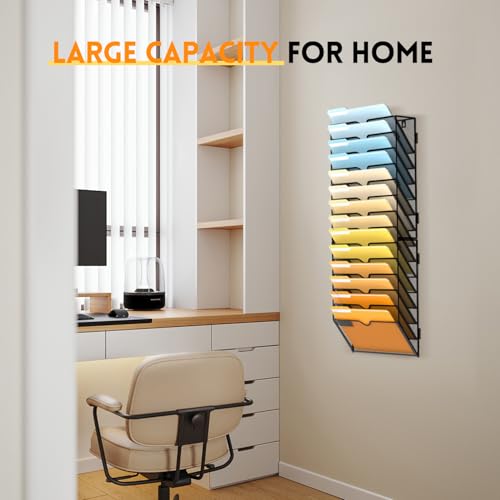 SUPEASY 14 Tier Wall File Organizer Hanging Wall Mounted Mail Organizer with Label Slots Metal Mesh File Holder Magazine Rack for Office Home School or Classroom Black - Image 3