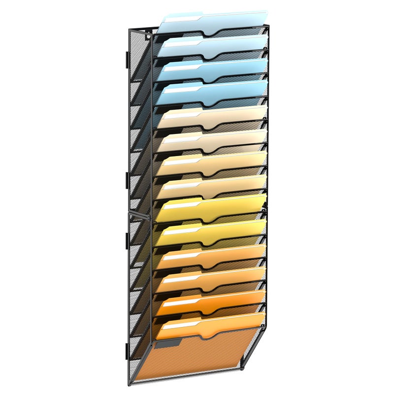 SUPEASY 14 Tier Wall File Organizer Hanging Wall Mounted Mail Organizer with Label Slots Metal Mesh File Holder Magazine Rack for Office Home School or Classroom Black - Image 2