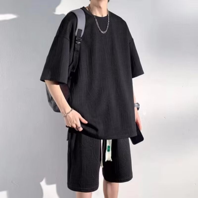 Short-sleeved T-shirt Shorts Set Mens Summer Fashionable Loose Casual Plus Large Size Fatty Mens Wear Set T771 Set-Black 