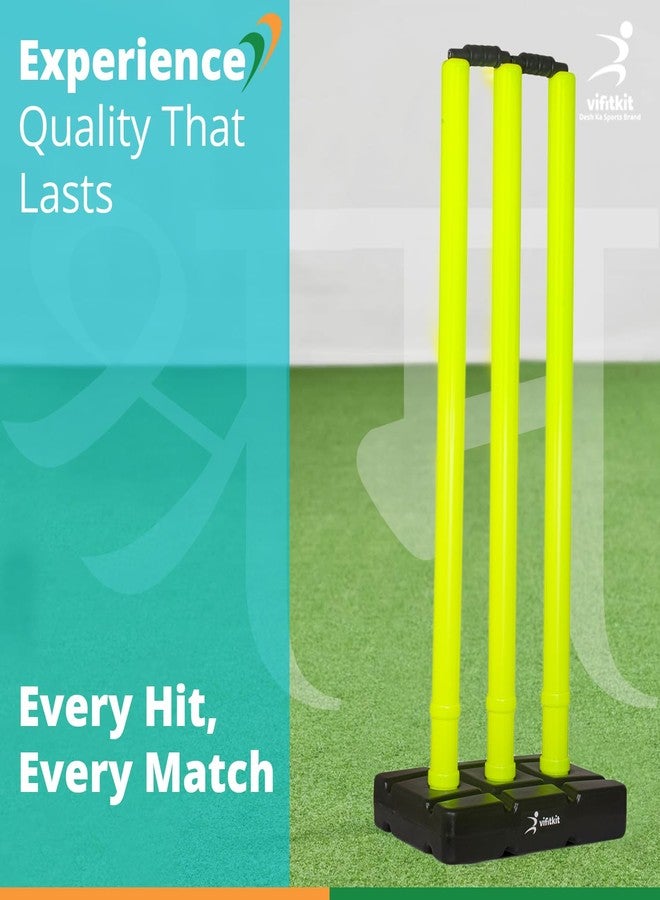 Vifitkit VFK by Xtrim Cricket Stumps with Stand Cricket Kit Plastic Wickets for Cricket Standard Wickets for Cricket Ground, Match, Tournament Stump with Stand & Bails (Black and Flourescent Green) - Image 4