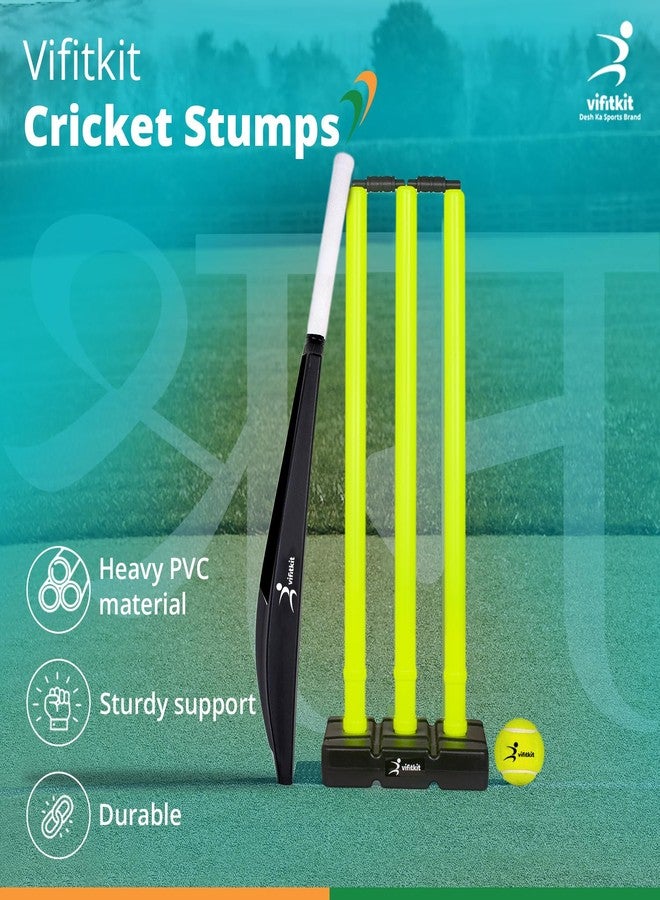 Vifitkit VFK by Xtrim Cricket Stumps with Stand Cricket Kit Plastic Wickets for Cricket Standard Wickets for Cricket Ground, Match, Tournament Stump with Stand & Bails (Black and Flourescent Green) - Image 2