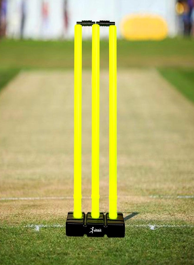 Vifitkit VFK by Xtrim Cricket Stumps with Stand Cricket Kit Plastic Wickets for Cricket Standard Wickets for Cricket Ground, Match, Tournament Stump with Stand & Bails (Black and Flourescent Green) - Image 1
