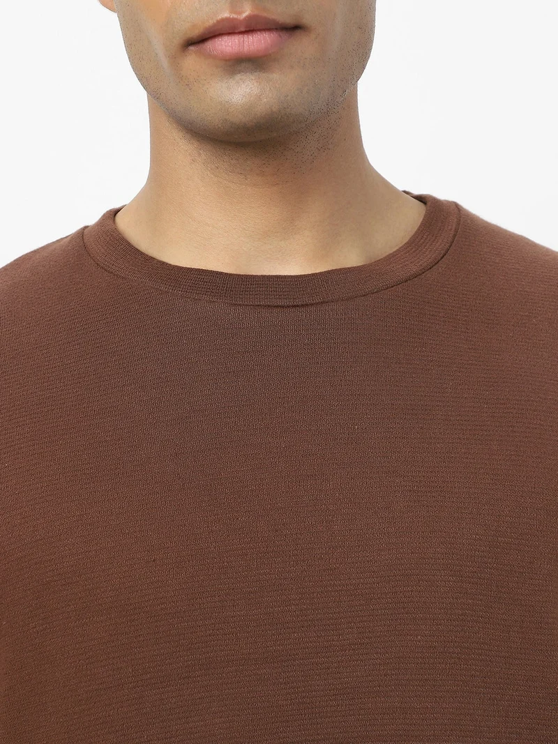 Urbano Fashion  Urbano Fashion Men's Chocolate Brown Textured Round Neck Oversized Full Sleeve Cotton T-Shirt  | Best Price UAE