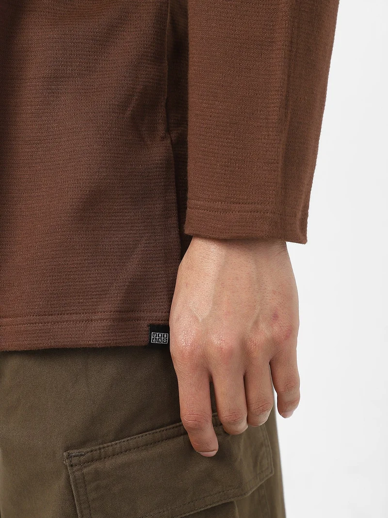 Urbano Fashion  Urbano Fashion Men's Chocolate Brown Textured Round Neck Oversized Full Sleeve Cotton T-Shirt  | Best Price UAE