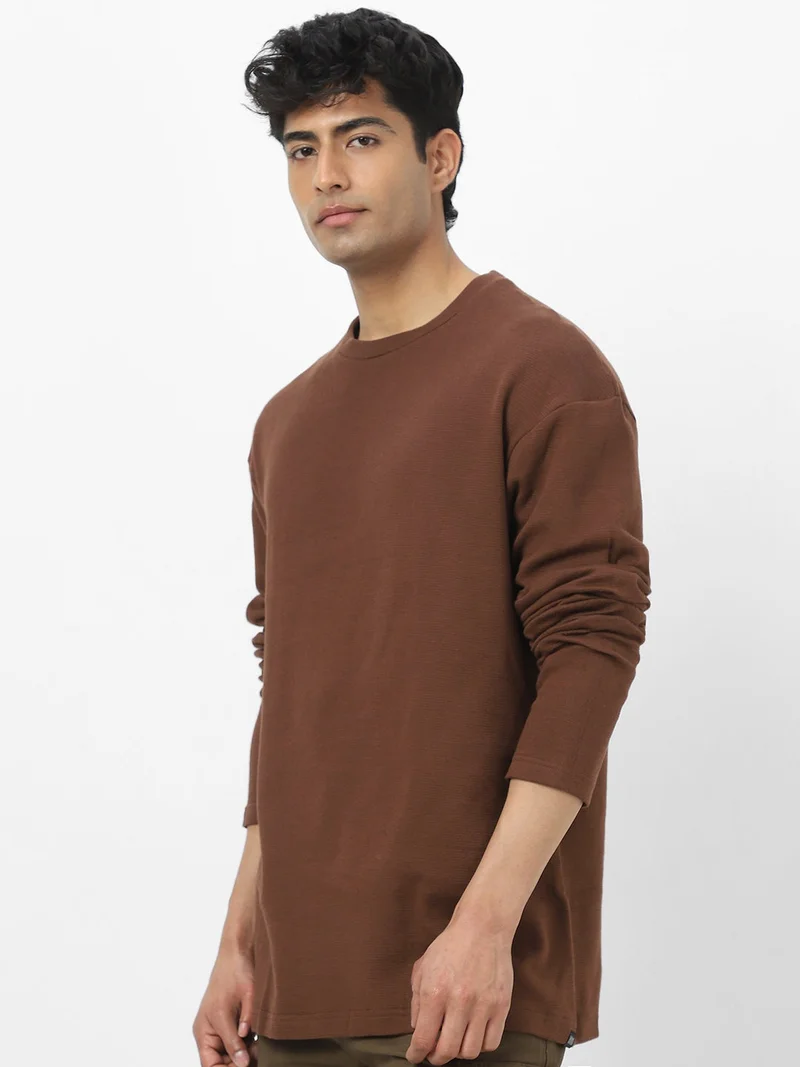 Urbano Fashion  Urbano Fashion Men's Chocolate Brown Textured Round Neck Oversized Full Sleeve Cotton T-Shirt  | Best Price UAE